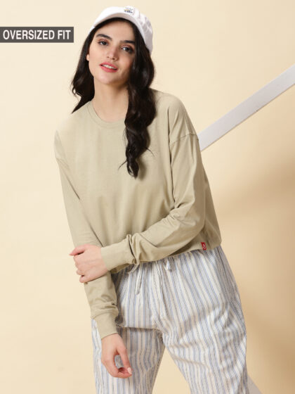 OS Beige Full Sleeves Women Oversized Essentials Tshirt In India By Silly Punter