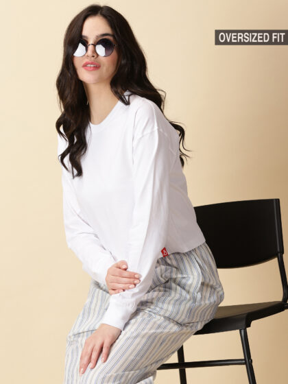 OS White Full Sleeves Women Oversized Essentials Tshirt In India By Silly Punter